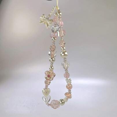 Y2K Style Glass Flower Bead Phone Charm - Suitable For Women And Girls Acrylic Knot Lanyard Keychain, Perfect For AirPods Cases, Camera And Bag Accessories, Phone Straps, Pendants, Camera Accessories, SANSANGO