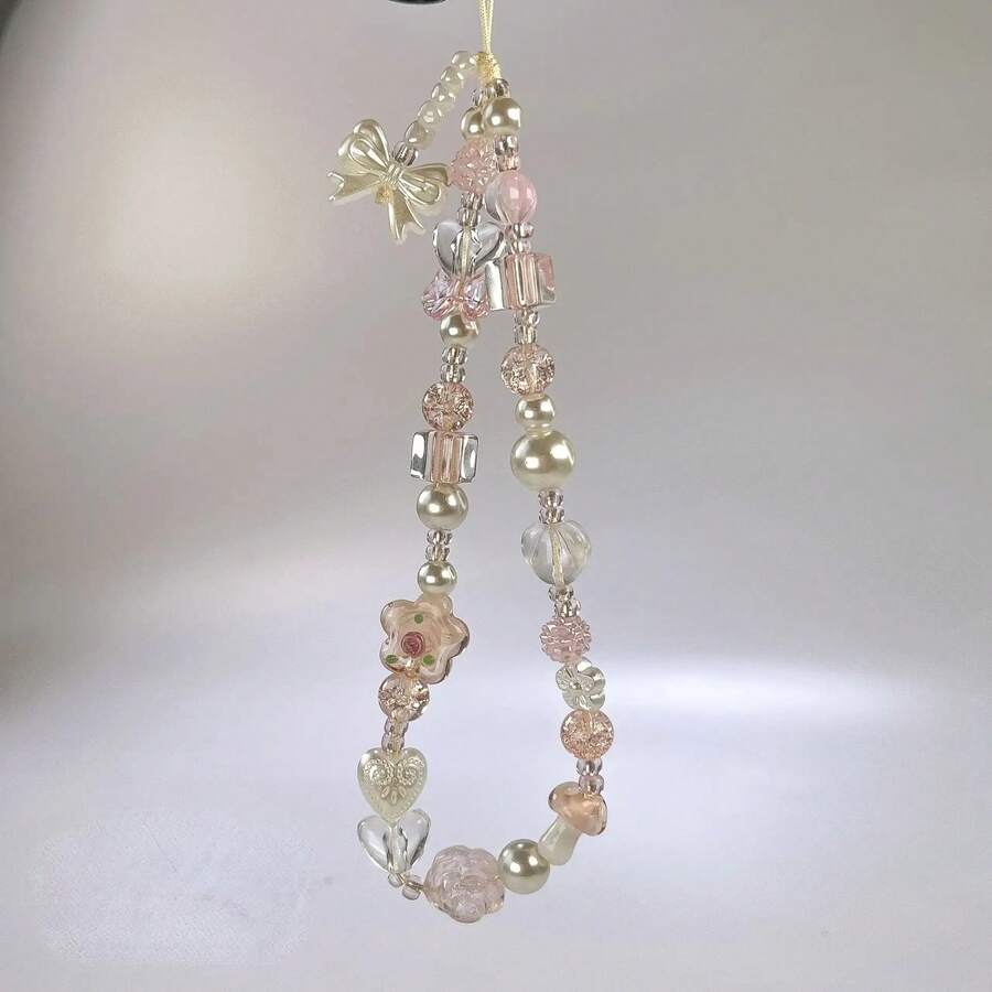 Y2K Style Glass Flower Bead Phone Charm - Suitable For Women And Girls Acrylic Knot Lanyard Keychain, Perfect For AirPods Cases, Camera And Bag Accessories, Phone Straps, Pendants, Camera Accessories, SANSANGO - Dây đeo điện thoại hình hoa nơ tráng men màu hồng - Xem 1