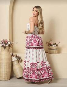 Women's Strapless Tropical Print Dress - Hồng - Xem 3