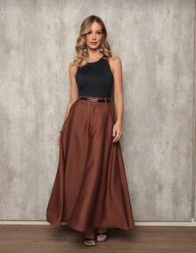 Women's Long Round Skirt Tailoring Evangelical Fashion Casual Basic Winter High Waist Elegant - Cà phê nâu - Xem 2