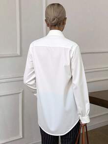 Livesso Solid Hidden Button Front Shirt,Ladies Casual Button Long Sleeve Collar Regular Fit Regular White Regular Sleeve Shirt Women Blouses,Spring/Fall ,Professional/Business Attire/Workwear,Long Sleeve Tops,Back To School Clothes - White - View 3