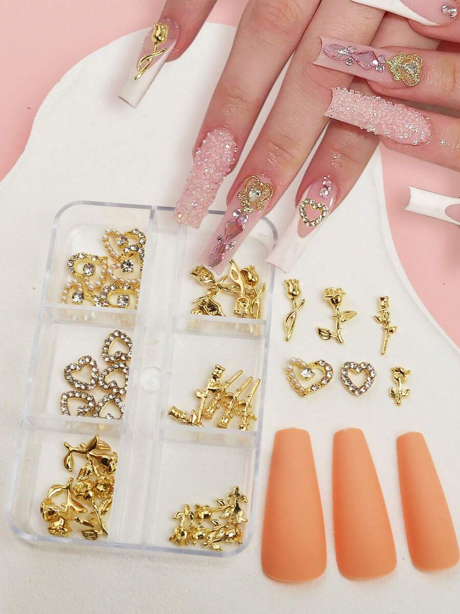 Conjunto de Joias de Unhas com 6 Grades e 30 Peças em Formato de Coração, Rosas Delicadas 3D em Diversos Estilos, Adequado para Decoração de Unhas do Dia dos Namorados para Meninas e Mulheres