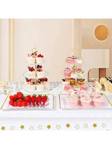 8PCS Cake Stand Set, Plastic Cupcake Stands With Gold Rim, Dessert Display Stands Set Wedding Birthday Party ShowerTea Party - White - View 2