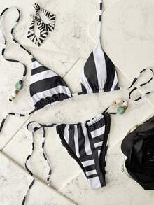 2025 Sexy Women Swimsuit Striped Bikini Set Fashionable Contrast Stone Swimwear Summer Beach Bathing Suit Vacation