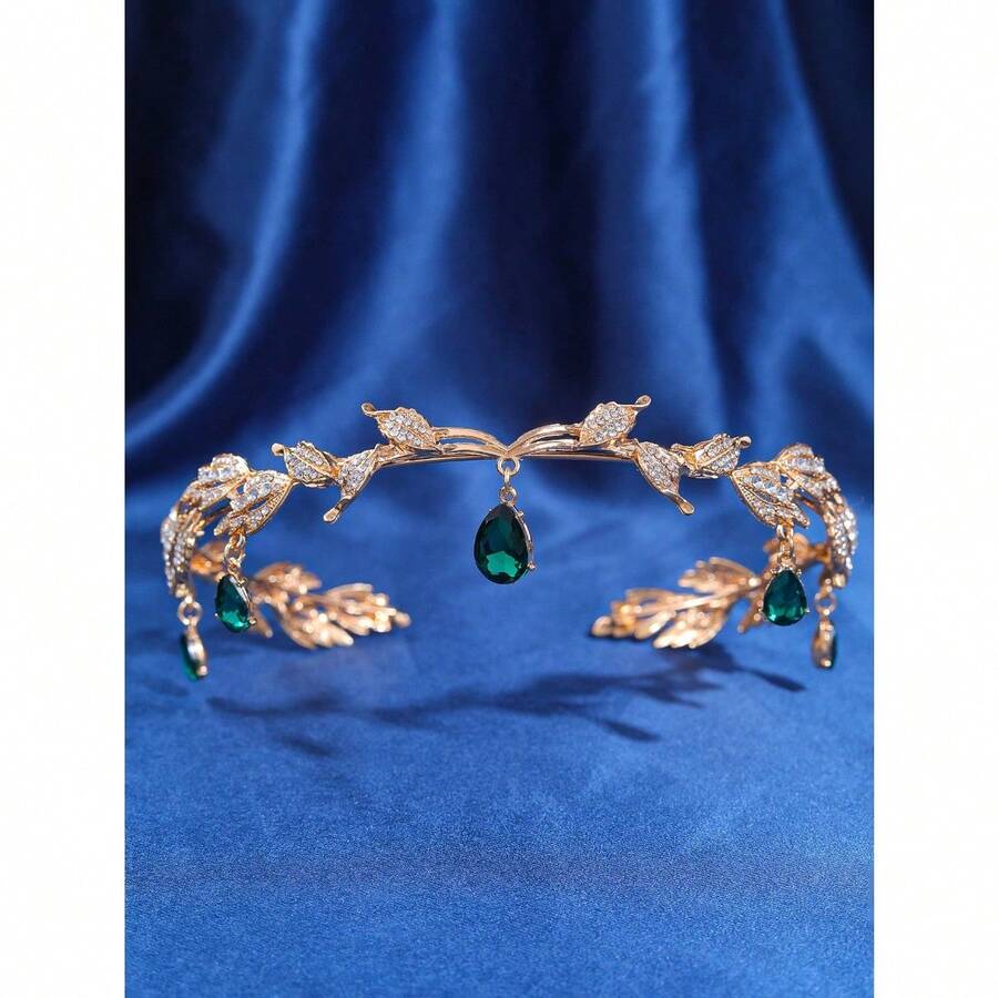 1pc Gold Tone Water-Drop Shaped Rhinestone Crown, Mori Girl Style, Bridal Wedding Birthday Headband Accessories Royal