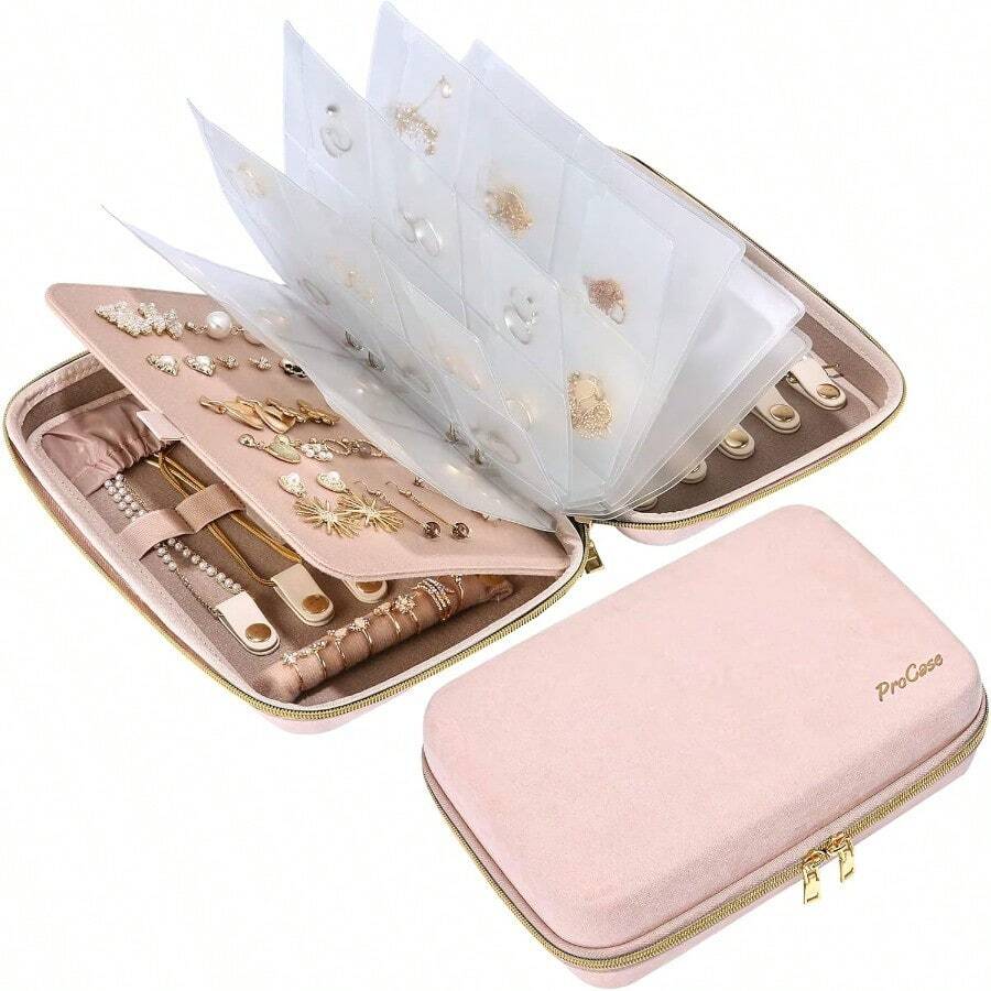 ProCase Large Travel Jewelry Organizer Case Jewellry Home Storage Book Ring Binder With Clear Pockets For Presentation Zippered Pouch Bag For Earrings Necklaces Bracelets Pink