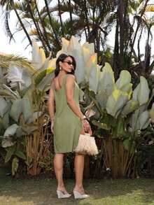 Women's Short Linen Dress With Straps - 薄荷綠 - 查看 2