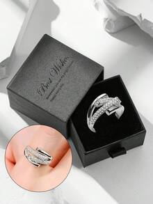 Estuche de regalo: Anillo dorado elegante con diseño de línea cruzada con microincrustraciónde rhinestones, disponible en varios tamaños, adecuado para mujeres, boda, fiesta o regalo del Día de San Valentín - Plateado - Ver 11