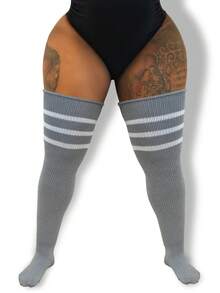 1 双加大码女式条纹过膝袜，彩色条纹过膝袜，大码女式运动腿套，角色扮演动漫袜 - 多色 - 查看 6