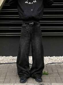 Casual Street Fashion Washed Denim Jeans, Minimalist Loose Wide-Leg Jeans - Black - View 4