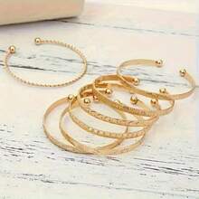 7pcs Exaggerated Personalized Hammered Hexagram & Cable Open Bangle Bracelet Set - 金色 - 查看 6
