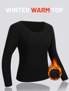 女士冬季长袖上衣保暖内衣打底衫压缩衣秋季保暖服圆领修身高弹力女士打底衫透视上衣休闲纯色冬季 - 黑色 - 查看 7