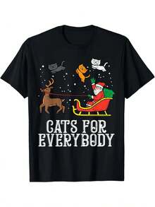 Camiseta Divertida de Amante de Gatos de Navidad para Niñas y Niños - Diseño de Trineo de Santa, Camiseta de Algodón de Manga Corta para Mujeres y Hombres, Negra, Ideal para Navidad - Negro - Ver 1