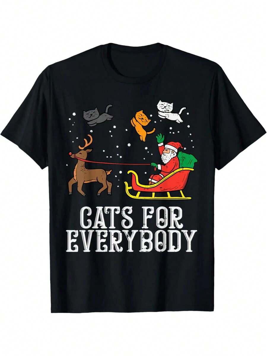 Camiseta Divertida de Amante de Gatos de Navidad para Niñas y Niños - Diseño de Trineo de Santa, Camiseta de Algodón de Manga Corta para Mujeres y Hombres, Negra, Ideal para Navidad - Negro - Ver 1