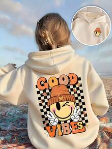 1pc Tween Girl Cute Cartoon Smiling Face Sweatshirt, Soft & Comfortable, Essential For School Activities In Spring & Autumn - Apricot - View 1