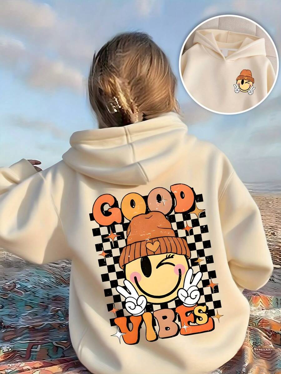 1pc Tween Girl Cute Cartoon Smiling Face Sweatshirt, Soft & Comfortable, Essential For School Activities In Spring & Autumn - Apricot - View 1