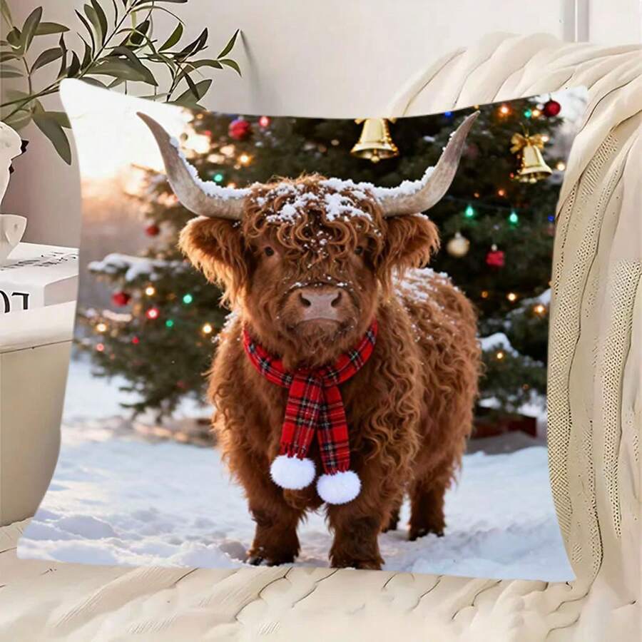1 pieza Funda de cojín con estampado de vaca de las tierras altas navideña, funda de cojín para decoración navideña del hogar. Usar esta funda de cojín puede hacer que tu hogar se vea talla grande elegante y amigable con los animales.