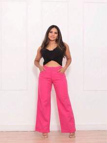 Women's Wide Leg Jeans, High Waist, Butt Lifting, 2025 - Hot Pink - View 1