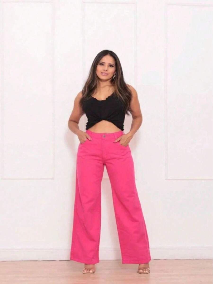 Women's Wide Leg Jeans, High Waist, Butt Lifting, 2025 - Hot Pink - View 1