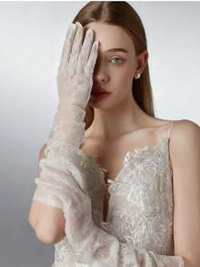 قفازات طويلة شفافة من التول والدانتيل لفستان الزفاف، قفازات زفاف من الدانتيل الفرنسي ذات جو أنيق وأنيق مطرزة بالدانتيل الطويلة لعروس الزفاف