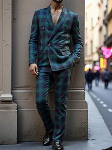 New Autumn Men's Suit, Fashionable Plaid Pattern Gentleman's Suit Jacket - Green - View 2