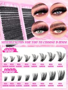 720 piezas Kit de racimos de pestañas 80D 100D Pestañas voluminosas y esponjosas, extensiones de pestañas postizas livianas y cómodas, fáciles de aplicar y retirar, reutilizables y duraderas, incluye pegamento, pinzas y cepillo para un uso conveniente, ideal para principiantes - Negro - Ver 3