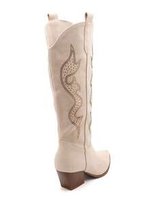 Bottes western pour femme en suédine douce, ornées de strass motif flamme sur la tige, avec bout pointu et talon moyen en bloc pour un style à la fois moderne et confortable. - 米色 - 查看 4