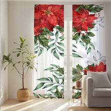 2 perdele transparente de Crăciun cu modele de plante cu ilex și poinsettia, buzunare pentru bară pentru a proteja intimitatea, potrivite pentru diverse scene de decor în camere de zi, dormitoare și bucătării, creând o atmosferă de Crăciun și cadouri perfecte de sărbători.