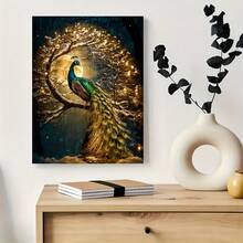 1pc Framed Canvas Wall Art - Winter Peacock Snowy Forest Night Scene With Twinkling Lights, Wooden Frame 15.7x11.8 Inches (40x30cm), Festive Holiday Decor For Living Room, Bedroom, Kitchen, Office, Christmas Gift Idea, Artistic Home Decor, Peacock Home Decor, Detailed Feather Design, 2D Flat, Perfect For Room Decor - 白色 - 查看 7