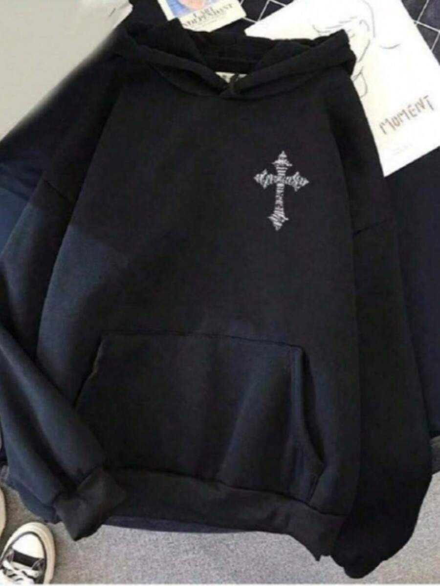 Unisex Flannel  Sweatshirt Cold Weather Blouse Promotion Small Cross Father's Day - Black - View 1