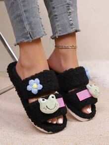 shensongni 女士毛绒拖鞋，动物拖鞋，青蛙拖鞋，小熊拖鞋，黑色拖鞋，可爱拖鞋，时尚拖鞋，EVA薄底拖鞋，轻便拖鞋，软底拖鞋，静音拖鞋，适用于硬木地板，卧室拖鞋，室内拖鞋，家居拖鞋，庭院拖鞋，办公室拖鞋，酒店拖鞋，地毯拖鞋，卡通拖鞋，毛绒拖鞋，女士拖鞋 - 黑色 - 查看 3