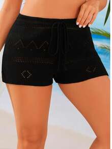 Women's Plus Size Shorts Crochet Knit Beach Cover-Up With Drawstring Waistband For Adjustment - màu đen - Xem 2
