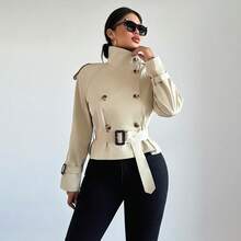 2025春秋欧美风女式风衣领带双排扣口袋夹克 - 卡其色 - 查看 14