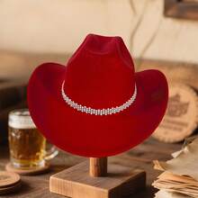 Cowgirl Hat for Women Classic Western Rolled Wide Brim Fedora Hat with Rhinestones White Bead Decorative Belt - Rojo - Ver 1
