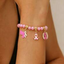 Pulseira elegante com pingente de fita e contas, acessórios de joias femininas da moda, presente de conscientização e memorial sobre o câncer de mama - Multicolorido - Ver 14