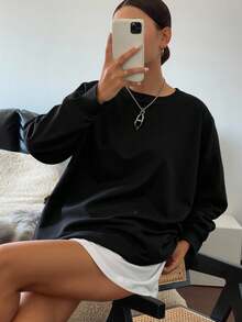 Livesso Split Hem Drop Shoulder Tee,Fall Clothes Preppy Tops Long Sleeve Women Tops - Black - View 3