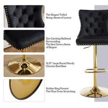 JEMAX Set Of 2 Glam Black Velvet Bar Stools With Lion Head Knocker Accent - Quilted Tufted Back, Studded Trim, Adjustable Height Gold Chrome Metal Base Counter Chairs For Kitchen Island, Home Bar, Royal Luxury Decor - 黑色 - 查看 5