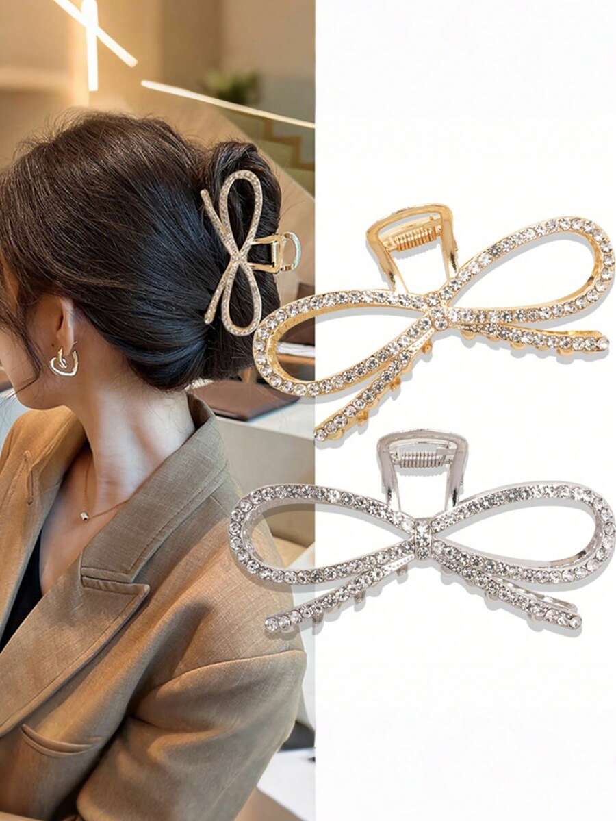 1pc Fashionable Extra Large Rhinestone Bow Hair Claw Clip, Suitable For Wearing, Can Be Given As A Gift Elegant Hair Accessories Elegant Hair Clips Winter Hair Clutch