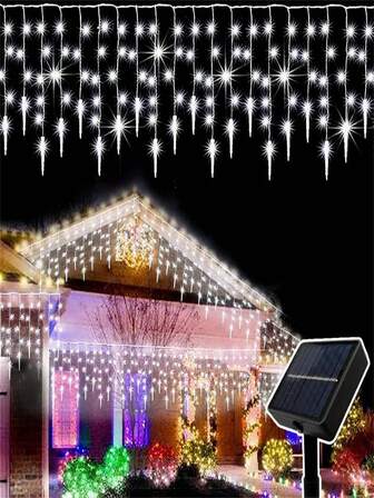 1 pieza Luces de Carámbano Solar, Luces de Cadena Solares con 96 LED con Encendido/Apagado Automático, 8 Modos de Iluminación, para Decoración de Bodas y Fiestas - Panel Solar, Luces de Cadena Solares Eficientes para Balcón, Aleros, Villa, Pasillo (300mAh)