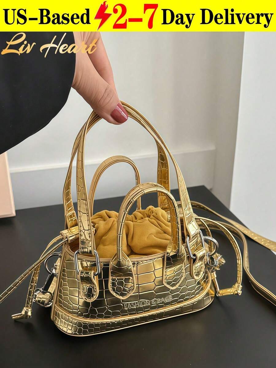 [US-Based Shipping]Niche Design Mini Bags, New Minimalist Handbags, Casual Commuter Crossbody Bags For Women,  Textured Bags, Mini Tote Bags, Crocodile-Patterned Versatile Shoulder Bags, Sleek Minimalist Clutches, Fashionable Crossbody Bags, Mini Handheld Shoulder Bag With Underarm Fit, Niche Design Crossbody Bag, Adorable Lipstick-Shaped Coin Purse, Perfect For Christmas, Valentine's Day, And New Year's - Vàng - Xem 1