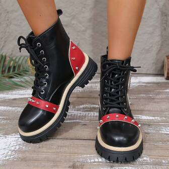 户外系带金属孔眼铆钉鞋，女式加大码圆头厚底系带骷髅装饰经典踝靴