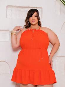 VESTIDO  Estampa total  Florzinhas    Franzido  Bainha com babado    Férias - Laranja Liso - Visão 3