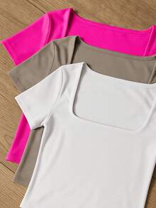 Square Suplex Cropped Top With Casual Lining For Women, Kit With 3 - 粉紅色/灰色/白色 - 查看 2