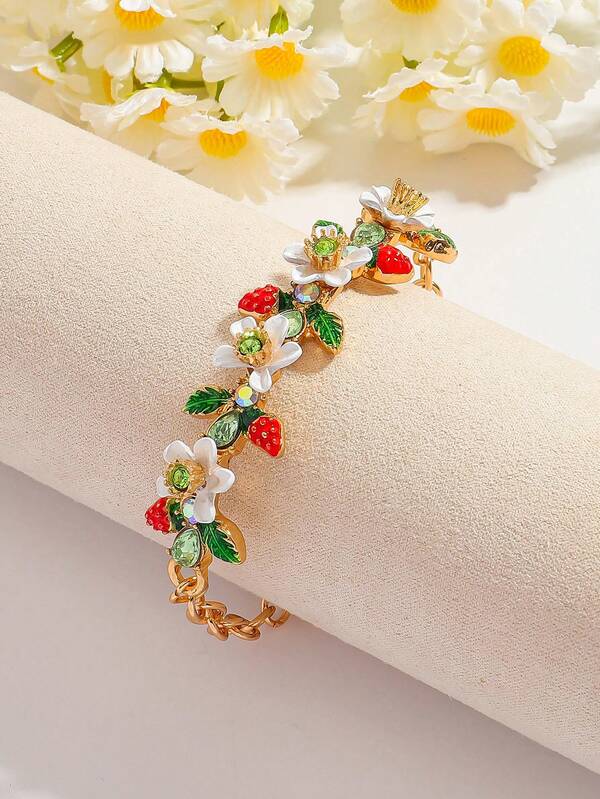 1 Stück süßes Boho Blumen Armband, modisches vintage Emaille Blumen & Erdbeeren Ketten Armband/Armreif, geeignet für den täglichen Gebrauch von Frauen