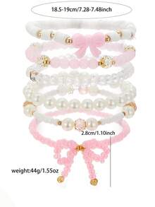 6pcs/Set Cute Faux Pearl & Crystal Beaded Bowknot Bracelet Set, Suitable For Girls, Friendship Jewelry, Party Gift - Multicolor - View 3