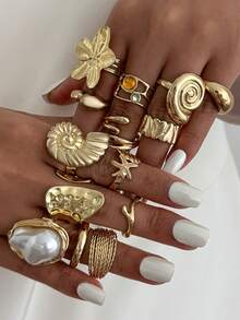 14 Pieces/Set Of Retro Flower Rings, Fashionable Bohemian Conch And Starfish Personalized Ring Set