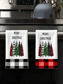 2 buc. Prosoape de bucătărie cu model brad de Crăciun, prosoape de baie moi și absorbante, în carouri vintage, potrivite pentru decor de sărbători, cadouri de Anul Nou, decorațiuni interioare