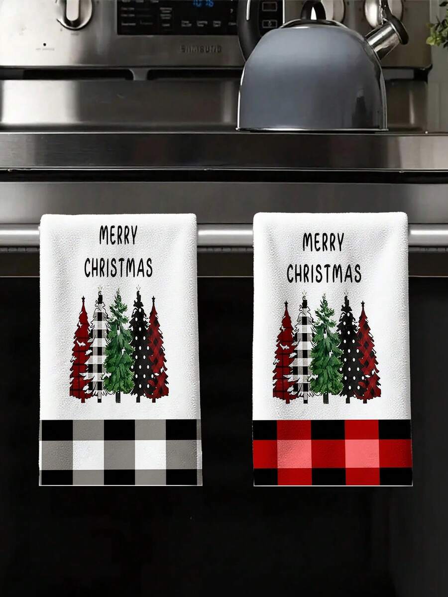2 buc. Prosoape de bucătărie cu model brad de Crăciun, prosoape de baie moi și absorbante, în carouri vintage, potrivite pentru decor de sărbători, cadouri de Anul Nou, decorațiuni interioare