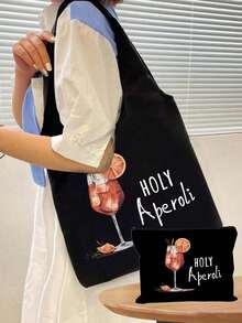 Holy Aperoli Cocktail Canvas Tote & Cosmetic Pouch –No‑Closure Shoulder Shopper With Wine Glass & Aperol Cocktail Print, Hand‑Washable, Large‑Capacity Multi‑Pocket Beach, Grocery & Travel Bag, Versatile Daily Carryall & Beauty Organizer For Women, Back To School,Teens, Shoppers, Party‑Goers & Gift Giving - Multicolor - View 8
