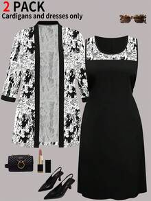 Autumn/Winter Plus Size Women's 2-Piece Set, Minimalist Elegant Versatile Cardigan Printed Top Jacket + Versatile Mid-Length Spaghetti Strap Summer - Black and White - View 3